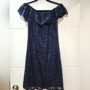 Off Shoulder Lace Mini Dress Dark Blue Size S